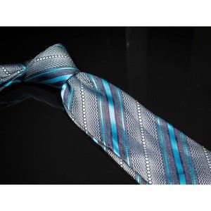 Versa 100% Silk Men's Designer Tie Turquoise Black Bar Stripes